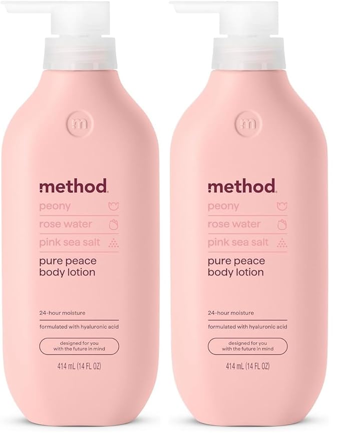 Method Body Lotion, Pure Peace, Rose Water, Peonies + Pink Sea Salt notes, 24 Hours of Moisture, 14 oz,(Pack of 2)