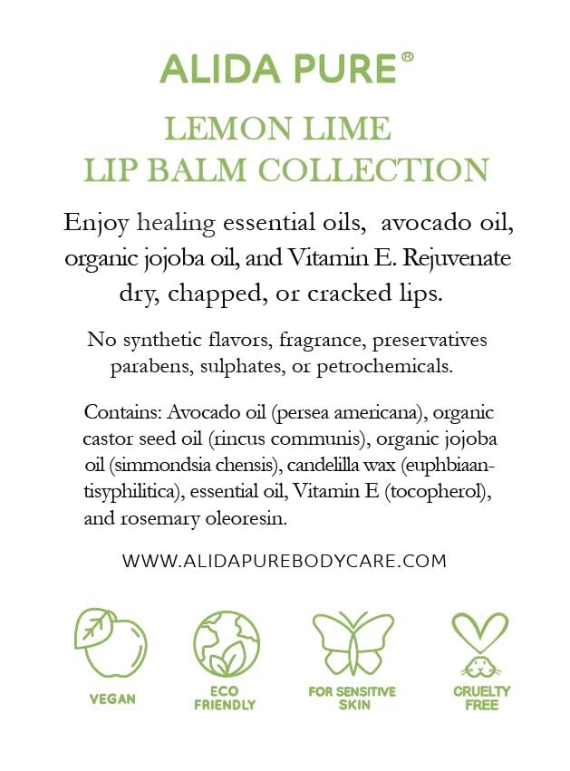 Lemon Lime Lip Balm Collection, Vegan Set, Bees Wax Free, Organic Jojoba and Avocado Oil, Vitamin E, Moisturizer For Dry Cracked Lips, 3 Tubes of Lip Balm per Set