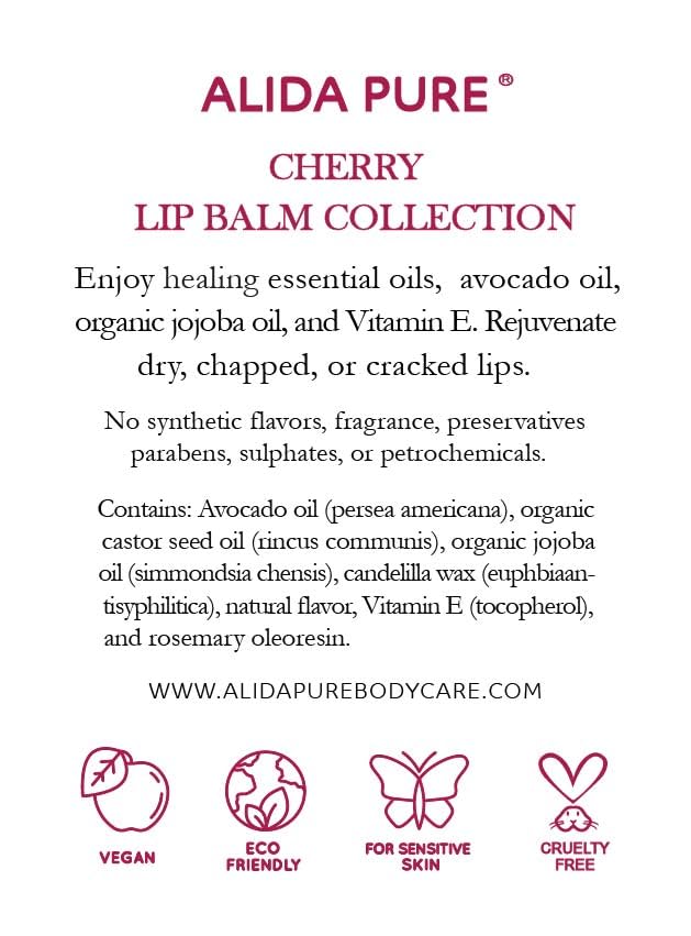 Cherry Lip Balm Collection, Vegan Set, Beeswax Free, with Organic Jojoba and Avocado Oil, Vitamin E, Natural Moisturizer for Dry, Chapped Lips, 3 Tube Set