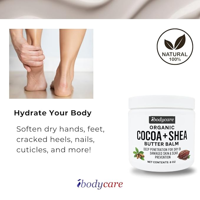 Organic Raw Shea Butter Cocoa Butter Body Balm with Coconut Oil, 8 oz Unrefined Natural Body Butter Blend for Women, Men, Kids, and All Skin Types