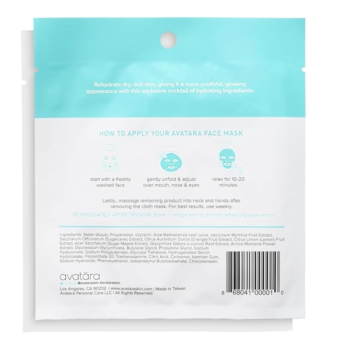 Avatara Drink Up Hydrating Face Masks 5-Pack | Clean K-Beauty Sheet Masks with Hyaluronic Acid & Aloe Vera | Gentle Moisture for Sensitive Skin | Vegan, Fragrance-Free, & Cruelty-Free Korean Masks