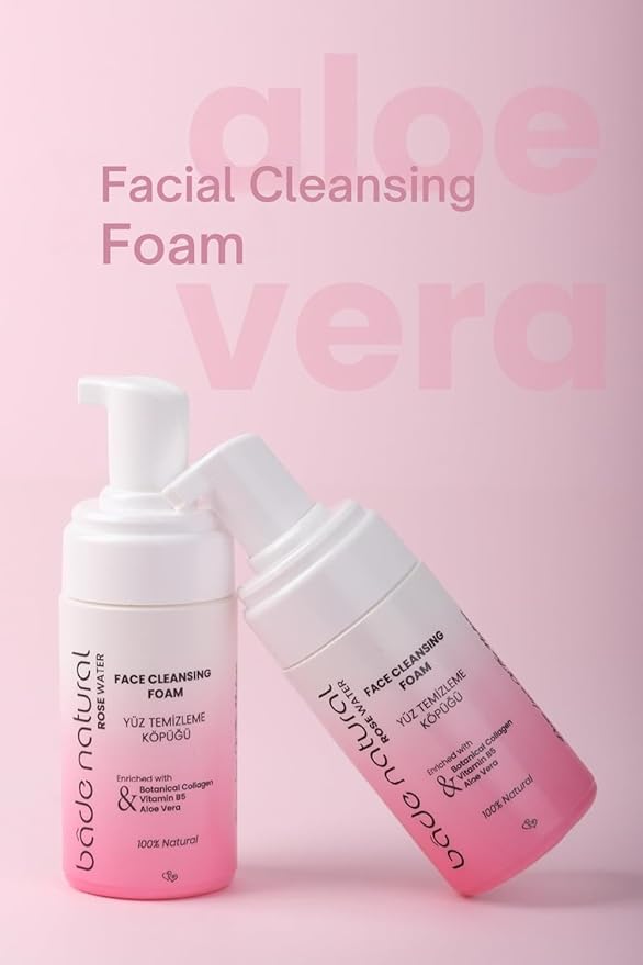 Bade Natural Rosewater Foaming Facial Cleanser – Gentle Vegan Face & Plant-Based Collagen – Hydrating for All Skin Types – 3.4 fl oz (100 ml)