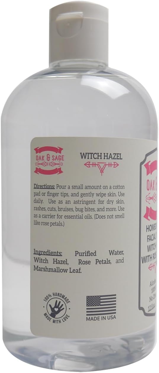 Oak & Sage Homeopathic Facial Toner Witch Hazel with Rose Petals - Unscented - 12oz Astringent, 100% Pure, No Alcohol, No Additives