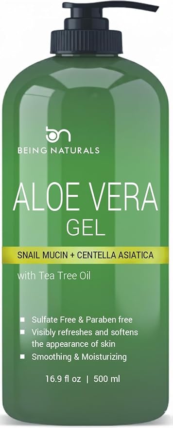 Being Naturals Aloe vera Gel - from 100% Pure Organic Aloe Infused with Snail Mucin/Centella Asiatica - Natural Raw Moisturizer for Face, Body, Hair. Perfect for Sunburn, Acne, Razor Bumps 16.9 fl oz