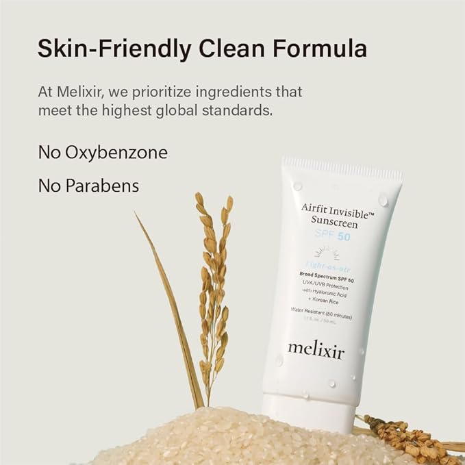 Melixir Airfit Invisible™ Sunscreen SPF 50, Broad Spectrum Korean Rice Sunscreen for Face, Hyaluronic Acid, Moisturizing Daily Protection for Sensitive Skin, No White Cast, Waterproof (1.7fl.oz./50ml)