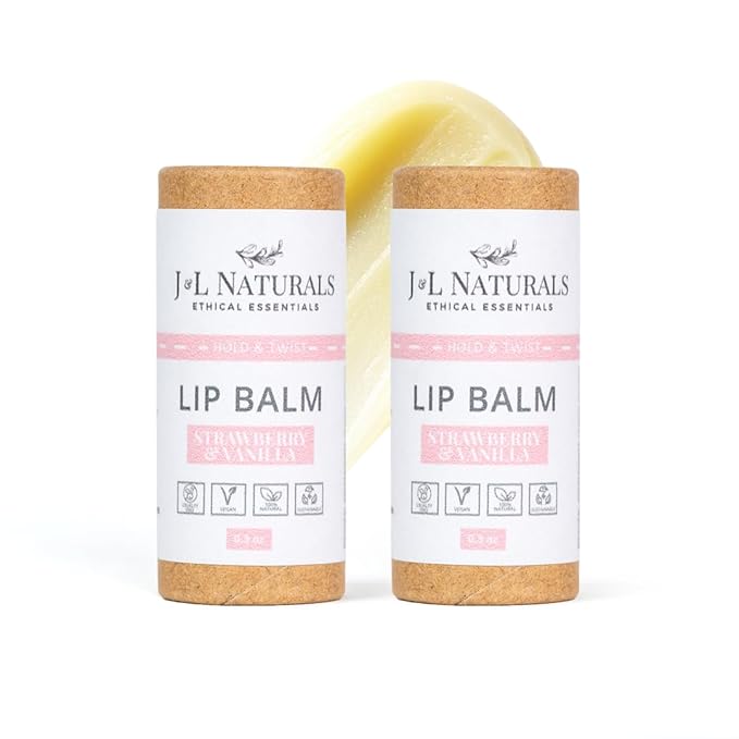 J&L Naturals Sustainable Lip Balm | Organic Ingredients, 100% Natural, Eco-Friendly | Cruelty Free, Vegan, Paraben Free, Silicone Free (Strawberry & Vanilla, 2-Piece Duo)
