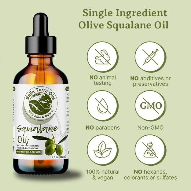 Bella Terra Oils - Organic Squalane Oil 8 oz - Harvested from Bitter Organic Squalanes, Famed for its Vitamin E & Omega-9, Cold-Pressed Elixir for Skin