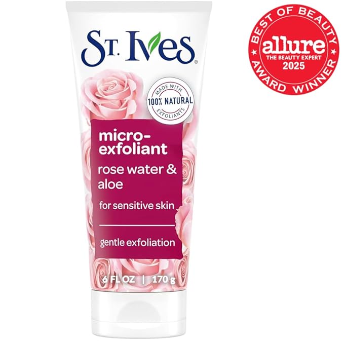 St. Ives Gentle Smoothing Face Scrub Our Gentlest Scrub Yet Rose Water and Aloe Vera Made with 100 percent Natural Exfoliants, Paraben Free, Oil-Free, Dermatologist Tested 6 oz