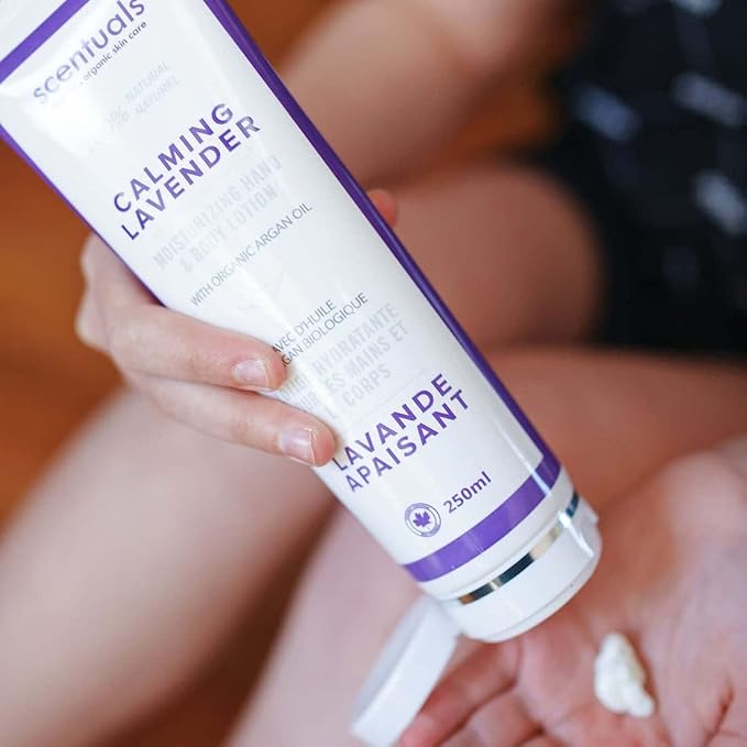 Hand & Body Cream Scented with Essential Oil Lavender, Made with Organic Argan Oil, Olive Oil and Aloe Juice, for Dry Skin, Cruelty Free, Natural Skin Care Products, 250 ml, 8.45 fl.oz