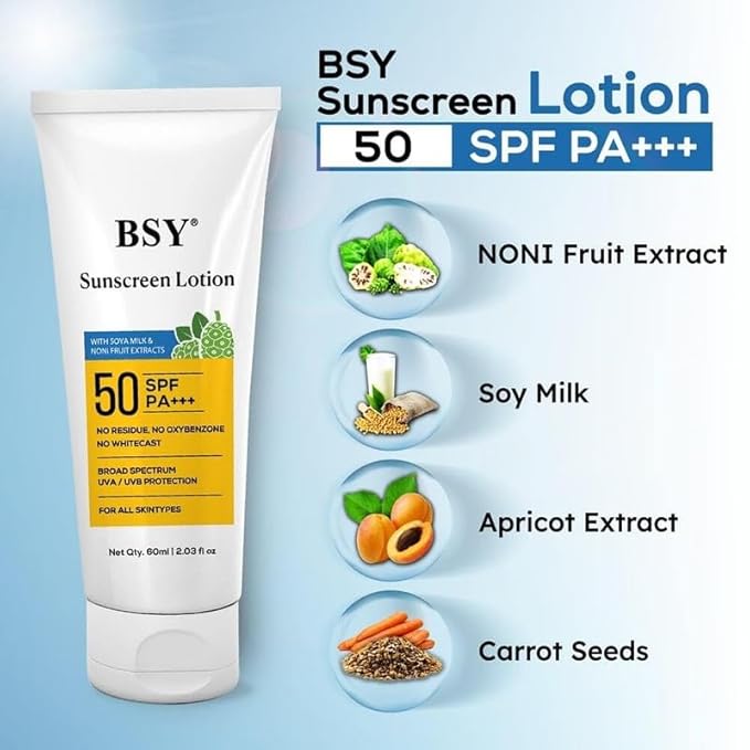 BSY Noni Sunscreen Lotion SPF 50 PA+++ (2.03 fl oz) | Infused with Noni & Soy Milk Extracts | Mineral Sunscreen with No White Cast | Water-Resistant | UVA/UVB Protection | For All Skin Types