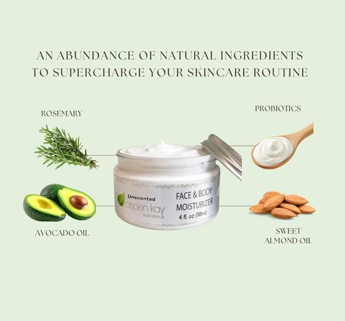 Aspen Kay Naturals Face & Body Moisturizer - Natural Moisturizing Face Cream for Sensitive Skin - Light, Non-Greasy & Fast Absorbing - Natural Face Moisturizer for Women & Men - Unscented - (4 ounces)