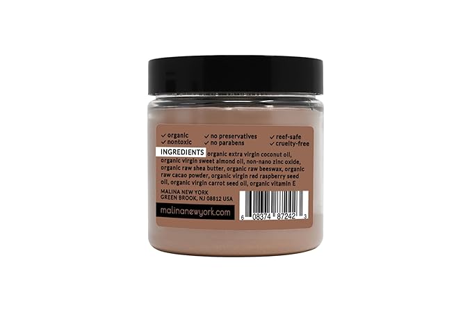 Malina™ Organic Chocolate Tinted Natural Sunscreen | SPF 30+ | Nontoxic | Reef-Safe | No Preservatives | No Synthetic Fragrance | 3 Shades | With Non-Nano Zinc-Oxide (4 Fl Oz, Medium)