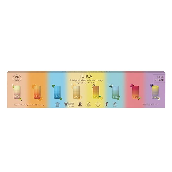 ILIKA Lip Balm, 2X Volume, Organic, Plastic-free, Vegan & Cruelty-Free, COSMOS Certified, PETA Certified, Plant-Based, Biodegradable Tube, 8 Pack, Lip Care Products, Assorted - 0.3 oz each