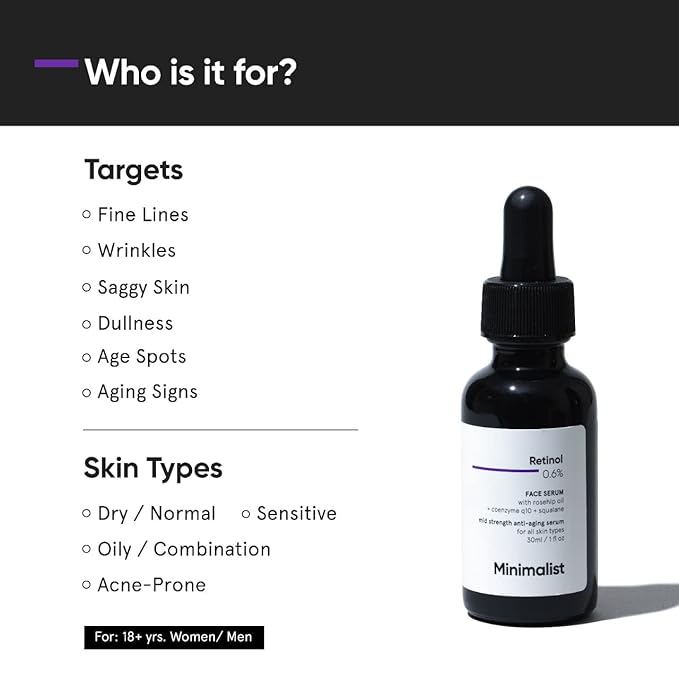Minimalist 0.6% Retinol Serum For Anti Aging | Antioxidant Effects with Coenzyme Q10 | Reduces Fine Lines & Wrinkles | Mid Strength | 1 Fl Oz / 30 ml