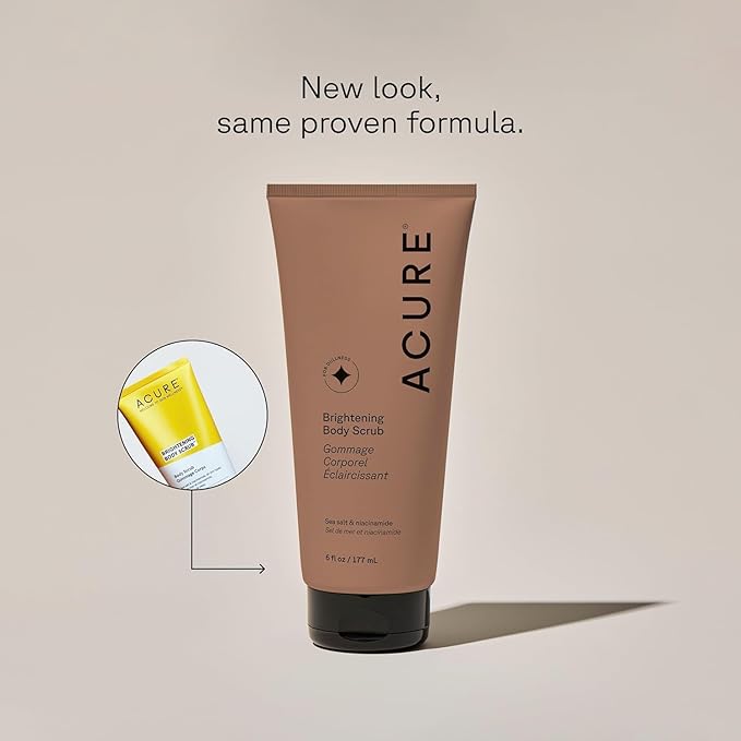 Acure Brightening Body Scrub - Exfoliating Body Scrub with Sea Salt, Scrubber for Men & Women to Smooth Sensitive Skin & Remove Dead Skin Cells, Exfoliator with Clay & Niacinamide Extract - 6 fl oz