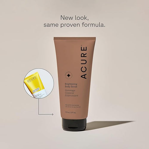 Acure Brightening Body Scrub - Exfoliating Body Scrub with Sea Salt, Scrubber for Men & Women to Smooth Sensitive Skin & Remove Dead Skin Cells, Exfoliator with Clay & Niacinamide Extract - 6 fl oz