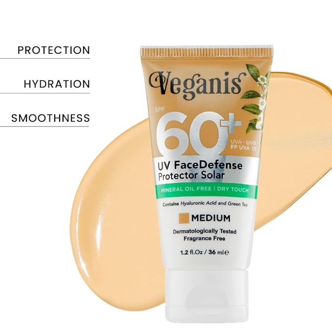 Sunscreen SPF 60 Medium Tone – Hyaluronic Acid & Green Tea – Tinted Face Sunscreen for Daily Use – Broad-Spectrum UVA/UVB & Blue Light Protection – Hydrating Dry-Touch Vegan Formula