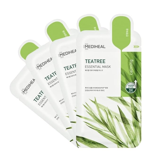 Mediheal Official Best Korean Sheet Mask - Tea Tree Essential Face Mask 4 Sheets Skin Soothing Treat Blemishes Sebum Control For All Skin Types (Pack of 2)