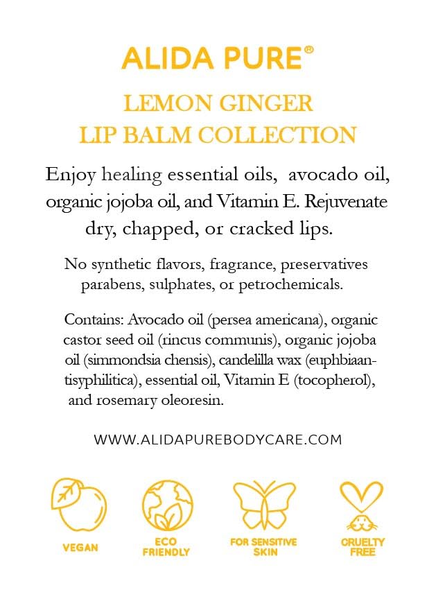 Lemon Ginger Lip Balm Collection, Vegan Set, Bees Wax Free, with Organic Jojoba and Avocado Oil, Vitamin E, Natural Moisturizer For Dry, Cracked, or Chapped Lips, 3 Tube Set
