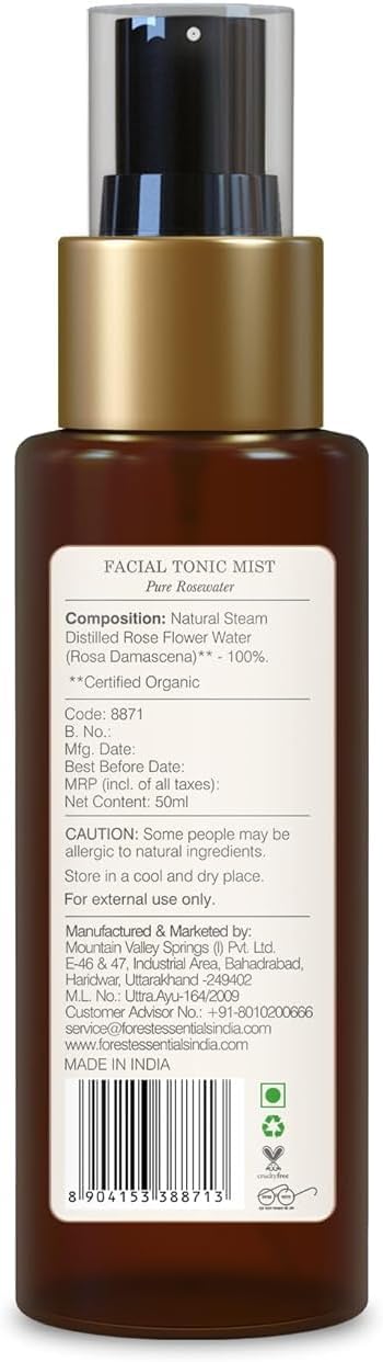 Forest Essentials Facial Tonic Mist with Pure Rosewater | Hydrating Daily Alchohol Free Toner for Glowing Skin| Hydrates Plumps & Minimises Open Pores for Glowing Skin, 50ml