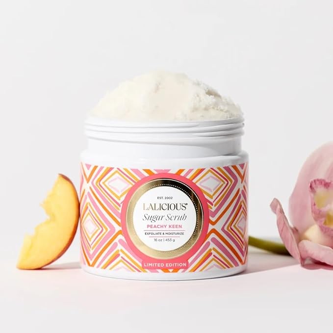 LALICIOUS Peachy Keen Extraordinary Whipped Sugar Scrub - Limited Edition Exfoliating Body Scrub with Creamy Peach & Jasmine Petals for Spring (16oz)