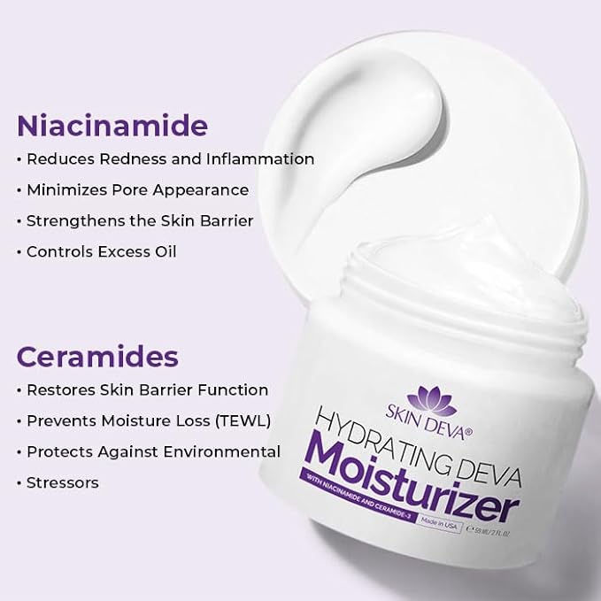 SKIN DEVA Hydrating Moisturizer Cream with Niacinamide & Ceramide Daily Face Cream| Oil Free, Protect, Smooth and Moisturizer, All Day Hydration and Plump Skin, Clean Vegan & Cruelty Free - (2 Fl oz)