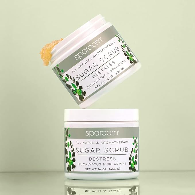 SpaRoom All Natural Aromatherapy Shea Butter and Raw Sugar Hydrating and Exfoliating Body Scrub, 16 oz, Destress- Eucalyptus and Spearmint Essential Oils