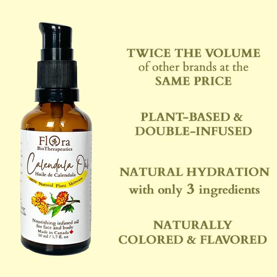 FLORA Organic Calendula Double Infused in Organic Olive Oil. 100% Natural Moisturizer.1.7 fl oz. Made in Canada
