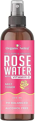 Organic Netra Rose Water with Vitamin C | Exfoliates the Skin and Controls Oil | Excellent for Clearing Away Makeup & Dirt from Pores | Mist Spray for All Skin Type | Paraben and Alcohol Free - 200 ml