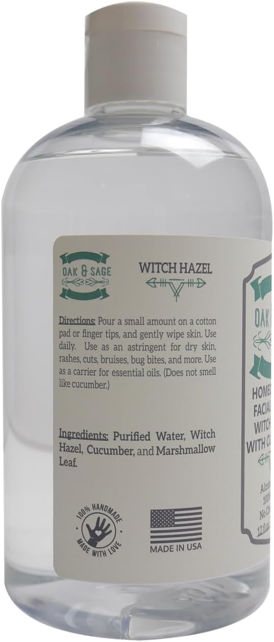 Oak & Sage Homeopathic Facial Toner Witch Hazel with Cucumber - Unscented - 12oz Astringent, 100% Pure, No Alcohol, No Additives