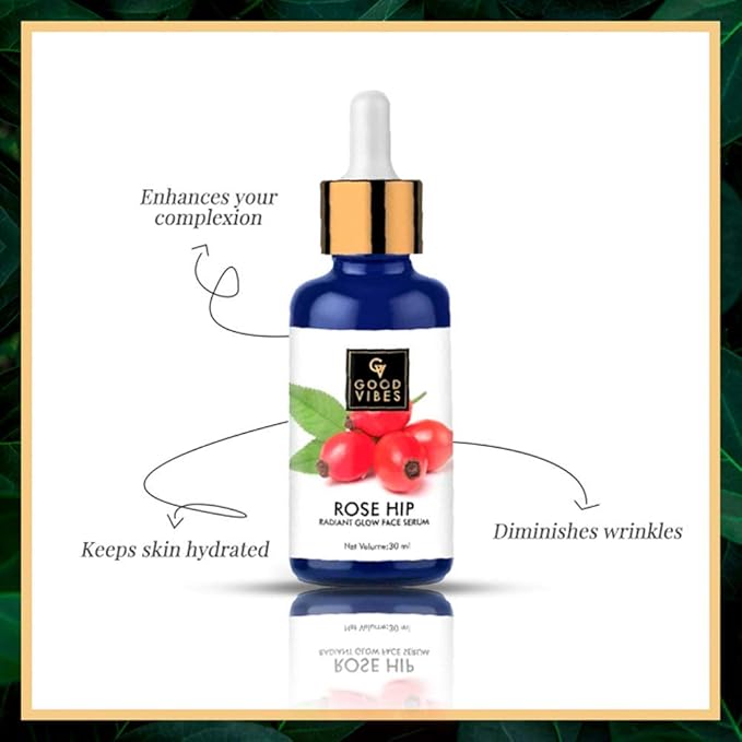 Good Vibes Rosehip Face Serum | Radiant Glow Formula for Clear, Smooth Skin | Hydrating Anti-Aging Facial Serum with Vitamin A & C | No Parabens, No Sulphates | All Skin Types | 1.01 Fl Oz (30ml)