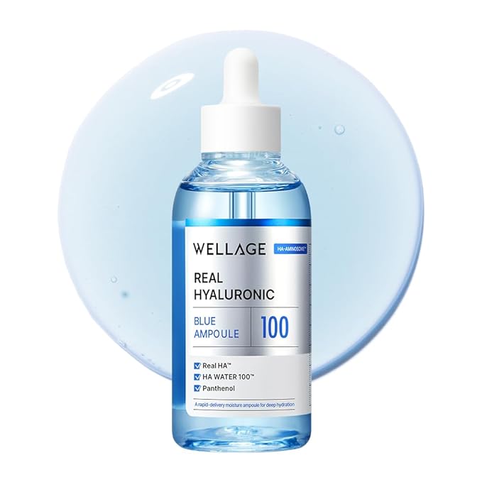 WELLAGE Real Hyaluronic Blue Ampoule 100, Korean Hydrating Serum for Face, Fragrance Free Hyaluronic Acid Deep Moisturizing Serum with Panthenol, PDRN for Sensitive Dry Skin Moisturizer, 2.54 Fl Oz_R