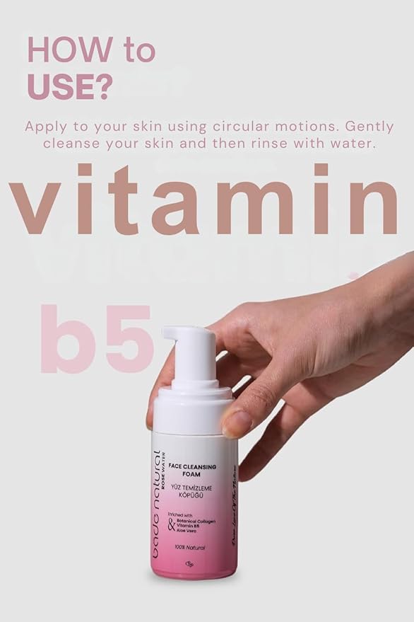 Bade Natural Rosewater Foaming Facial Cleanser – Gentle Vegan Face & Plant-Based Collagen – Hydrating for All Skin Types – 3.4 fl oz (100 ml)