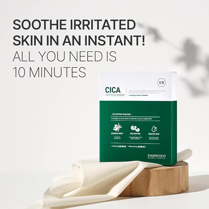 SWANICOCO Cica Peptide Cellulose Bamboo Sheet Mask for Hydration & Skin Elasticity, Korean Skincare, Beach Vacation Essentials (10 Pack)