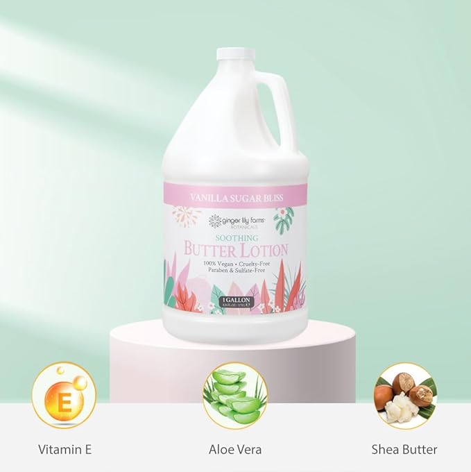 Ginger Lily Farms Botanicals Soothing Butter Lotion for Dry Skin, 100% Vegan & Cruelty-Free, Vanilla Sugar Bliss Scent, 1 Gallon (128 fl oz) Refill