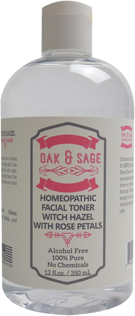 Oak & Sage Homeopathic Facial Toner Witch Hazel with Rose Petals - Unscented - 12oz Astringent, 100% Pure, No Alcohol, No Additives