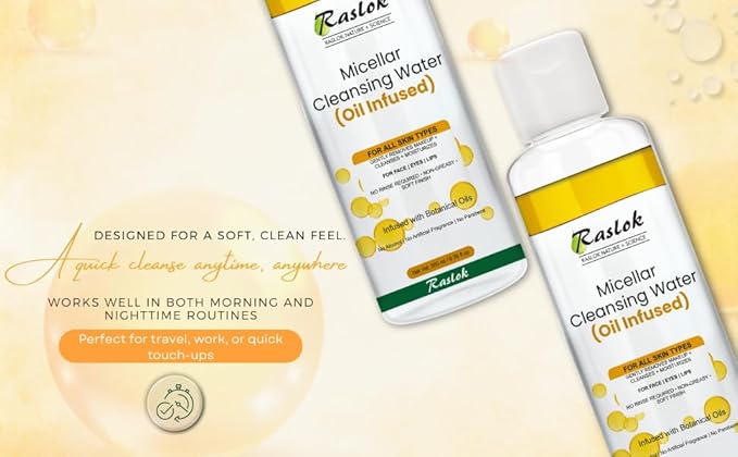 Raslok Micellar Cleansing Water (Oil Infused) – Gently Removes Makeup, Cleanses & Moisturizes – For Face, Eyes & Lips – Alcohol-Free, Paraben-Free – All Skin Types – 200ml / 6.76 fl.oz
