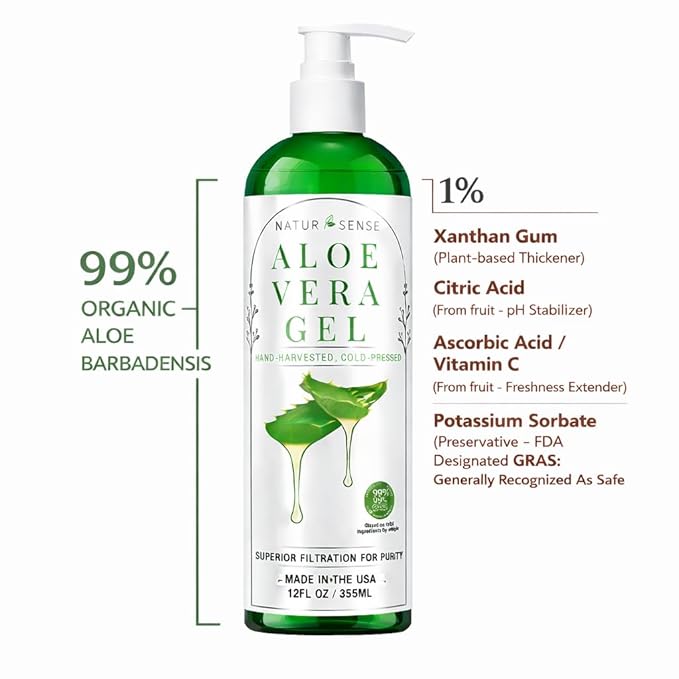 NTRSNS NaturSense 99% Organic Aloe Vera Gel. Deep Hydration, Effective Moisturizing. For Hair, Scalp, Face, Acne, Sunburn, Dry Winter Skin, Sensitive Skin, Shaving. Unscented, 12 oz. Made in the USA