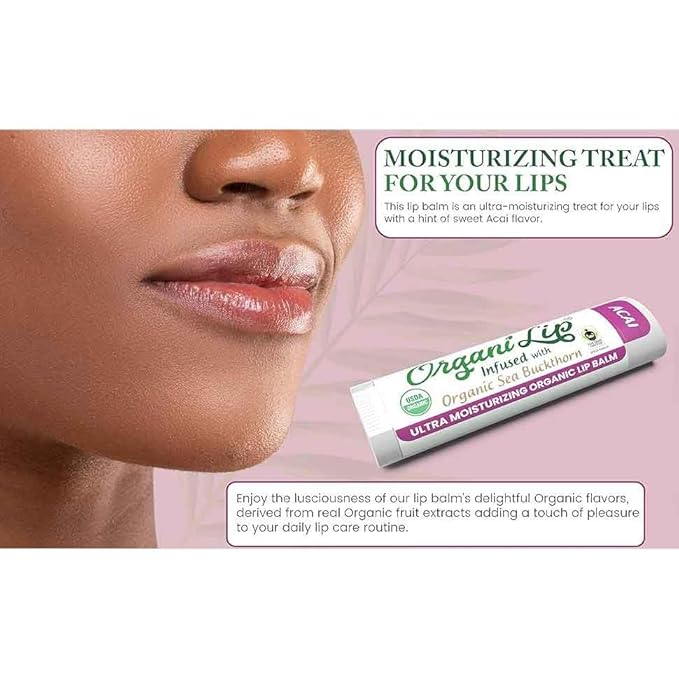 OrganiLip Organic Lip Balm, Acai Flavor, Ultra Hydrating Lip Moisturizer for Cracked or Dry Lips, Infused With Sea Buckthorn, Oval Shaped Tube, USDA Certified Organic, 1 Pack