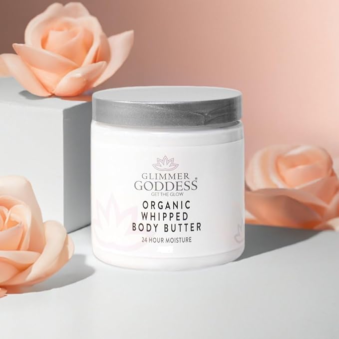 GLIMMER GODDESS Organic Whipped Body Butter for Women - Moisturizer Cream with Shea & Cocoa Butter, Almonds & Coconut Oil - Evening Snow, 8oz