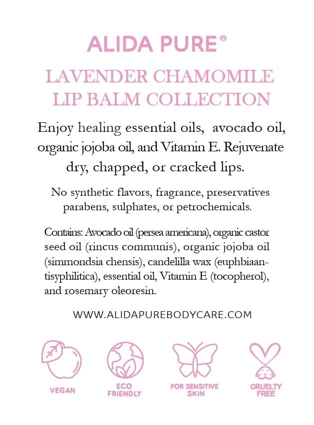Lavender Chamomile Lip Balm Collection, Vegan Set, Beeswax Free, with Organic Jojoba and Avocado Oil, Vitamin E, Natural Moisturizer for Dry, Chapped Lips, 3 Tube Set