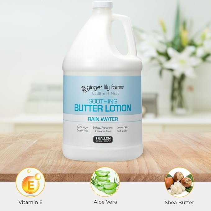 Ginger Lily Farms Club & Fitness Soothing Butter Lotion for Dry Skin, 100% Vegan & Cruelty-Free, Rain Water Scent, 1 Gallon (Pack of 4)