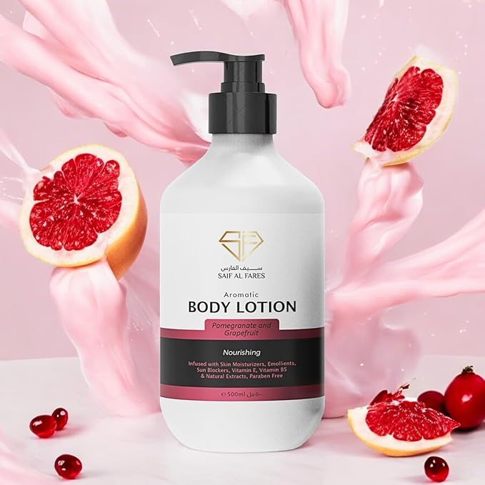 Saif Al Fares Pomegranate & Grapefruit Body Lotion – Hydrating Moisturizing Lotion for Women & Men – Daily Moisturizer with Vitamin E & B5 – Skin Care Body Moisturizing Lotion for Dry Skin, 500ml Pump