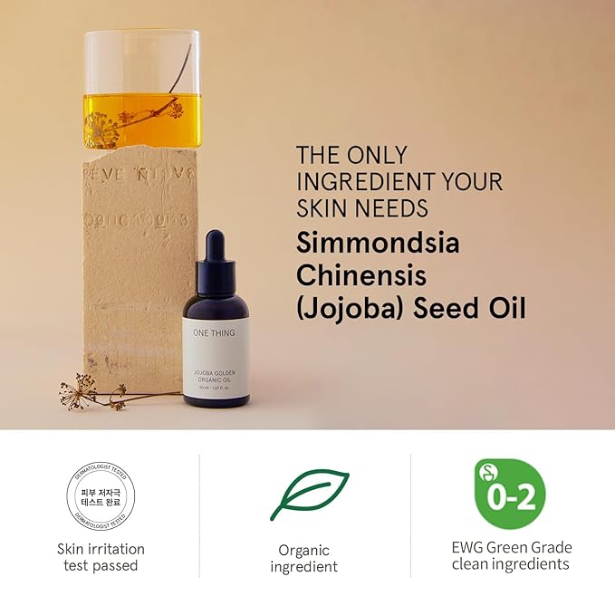 ONE THING Jojoba Golden Organic Oil 1.69 Fl Oz | Moisturizing Natural Oil for Face Body Hair Nails Dry Rough Skin | Cold Pressed, Unrefined | Refine Pores, Barrier Repair, Exfoliate | Korean Skincare