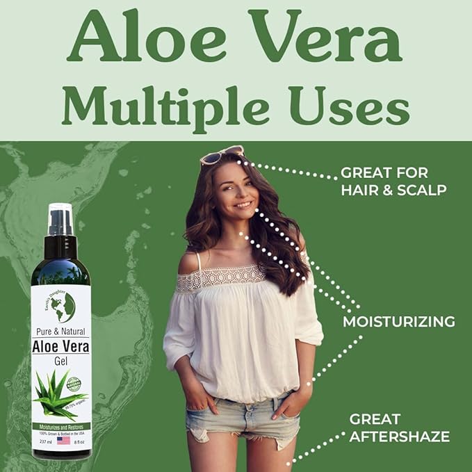 Earth's Daughter Premium Organic Aloe Vera Gel from Fresh Cut 100% Pure Organic Aloe leaves – TopQuality Fast Absorbing for Face, Skin, Hair & Body – Vegan, Unscented, Natural - 8 Oz USA Made