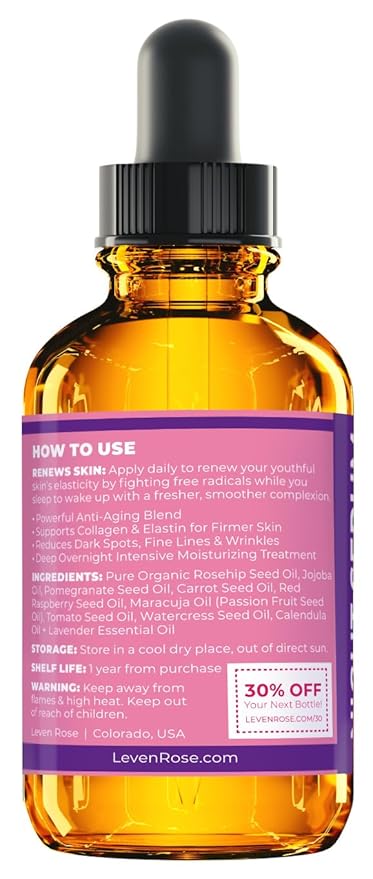 Leven Rose Rosehip Oil Night Face Serum, 100% Pure Organic Natural Rose Hip Oil Serum for Dry Skin 1 oz