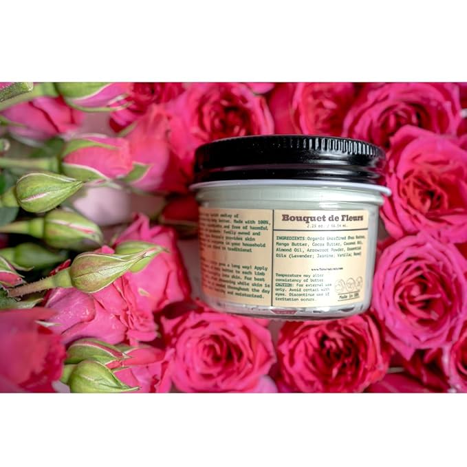 Whipped Body Butter – Bouquet de Fleurs – Floral Scent, Shea & Mango Butter – 100% Natural Moisturizer for Dry Skin – 2.25 oz – Glass Jar
