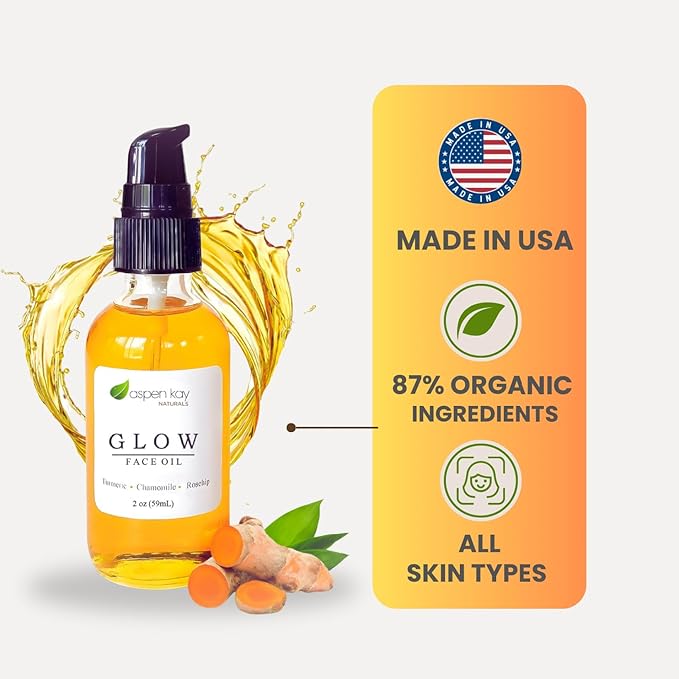 Aspen Kay Naturals Glow - Turmeric & Rosehip Face Oil, Natural & Organic Face Moisturizer with Turmeric, Camellia, Sea Buckthorn and Chamomile - Facial Serum - 2 oz