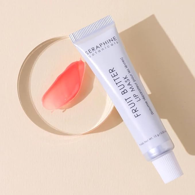 Seraphine Botanicals Fruit Butter Restorative Lip Mask Overnight Gel Balm with Shea Butter, Apricot Kernel & Jojoba Seed Oil – Vegan, Paraben-Free, Dewy Finish, Soft Tint 0.51oz (Just Bitten)