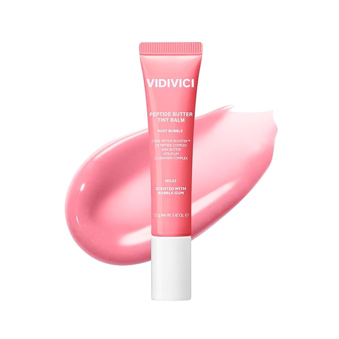 VIDIVICI Peptide Butter Tint Balm | 10 Color Variants, Moisturizing Lip Tint with Melting Peptide Complex™ & Sheer Tinted Glow - 03 ROSY BUBBLE (12g, 0.42Oz)